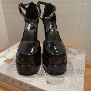 Numagin Black Platform Heels with Rhinestone Strap sz 37.5  or US 7